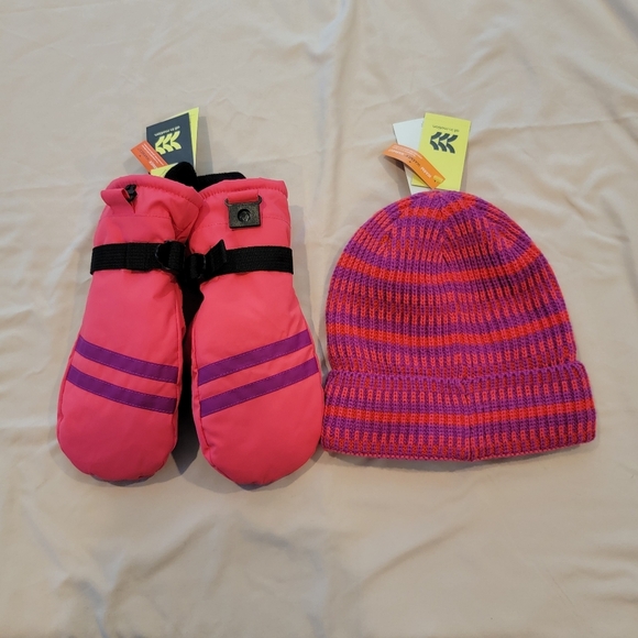 All In Motion Kids Pink and Purple Knit Beanie with Matching Mittens - Picture 1 of 3